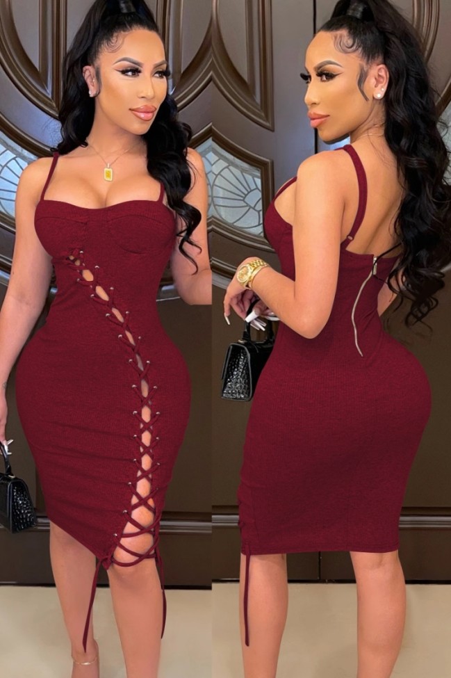 Red Lace Up Cami Midi Fitted Dress