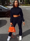 Black Drawstring Hoody Crop Top and Pants 2PCS Set