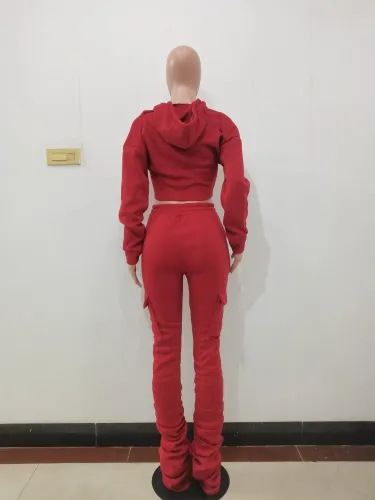 Red Drawstring Hoody Crop Top and Pants 2PCS Set