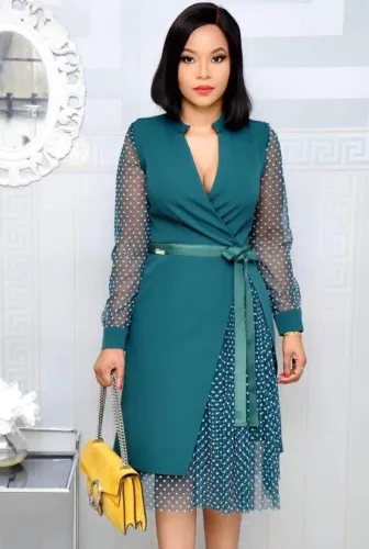 Plus Size Mesh Patch Polka Dot White 3/4 Sleeve Midi Dress