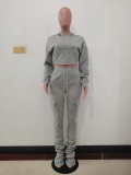 Grey Drawstring Hoody Crop Top and Pants 2PCS Set