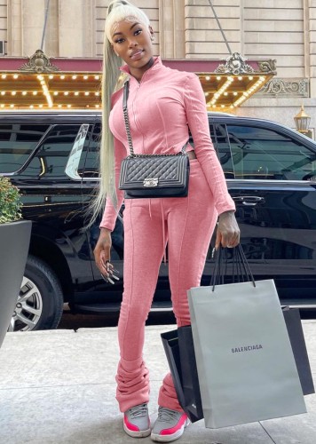 Pink Zipped Up Turtleneck Crop Top and Pants Two Piece Set