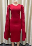 Plus Size Red Pleated Long Sleeve O-Neck Bodycon Dress