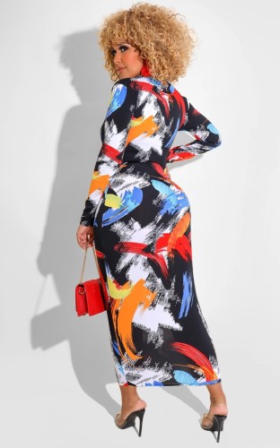 Multicolor Print Long Sleeve Long Sheath Dress