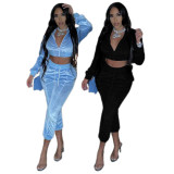 Blue Velour Zipper Cropped Tracksuit