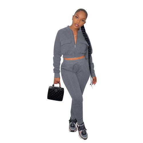 Gray Pocket Baseball Jacket and Pants Two Piece Set