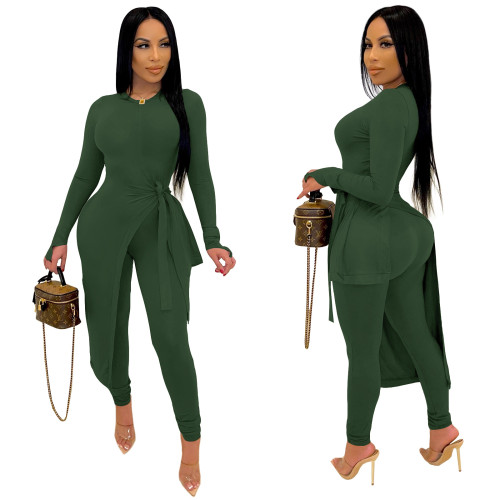 Green Sexy Long Sleeve Irregular Long Top and Pants 2pcs Set