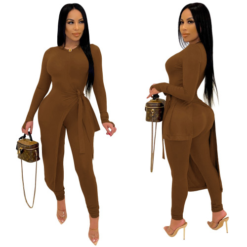 Brown Sexy Long Sleeve Irregular Long Top and Pants 2pcs Set