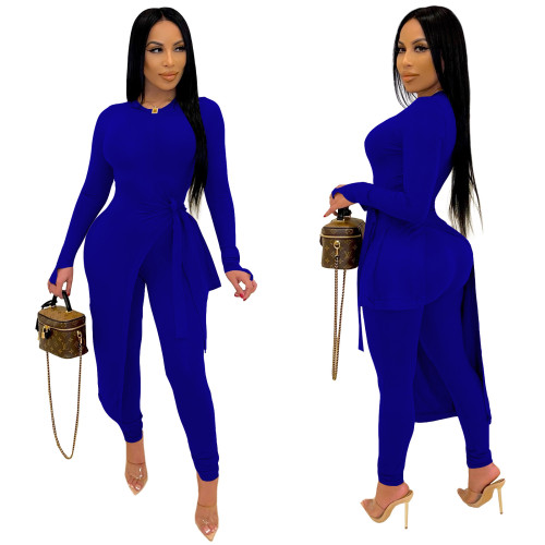 Sexy Blue Long Sleeve Irregular Long Top and Pants 2pcs Set