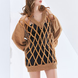 White Hollow Out V-Neck Puff Sleeve Sweater Dress