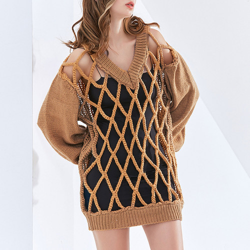Khaki Hollow Out V-Neck Puff Sleeve Sweater Dress