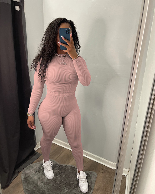 Pink Ribbed Long Sleeve Two Piece Pants Set