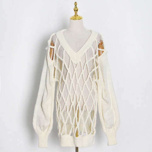White Hollow Out V-Neck Puff Sleeve Sweater Dress