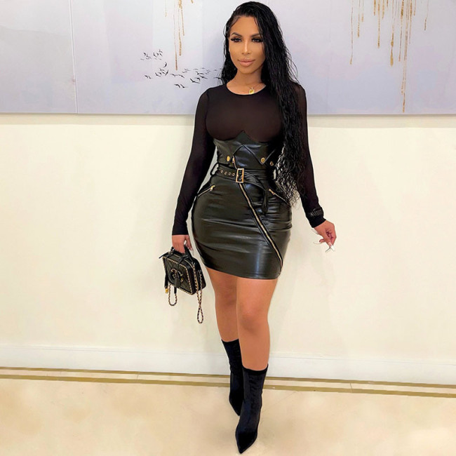 Black Long Sleeve Mesh Splicing PU Leather Dress