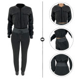 Black Winter Warm Cargo Two Pieces Tracksuits