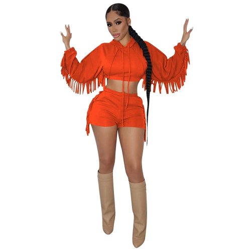 Fashion Orange Tassel Hooded Crop Top and Shorts 2PCS Set