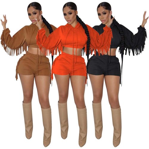 Fashion Orange Tassel Hooded Crop Top and Shorts 2PCS Set
