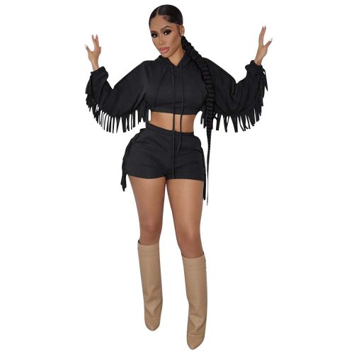 Fashion Black Tassel Hooded Crop Top and Shorts 2PCS Set