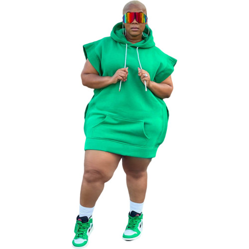 Green Warm Fleece Lining Sleeveless Sweat Dress with Hood