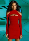 Red Cut Out Long Sleeve Turtleneck Mini Skinny Dress