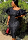 Black Jacquard Floral Ruffle Short Sleeve One Shoulder Long Dress
