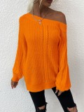 Orange Off Shoulder Long Sleeves Loose Sweater Top