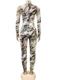 Print Tight Turtleneck Top and Pants Two Piece Set