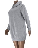 Grey Print Long Sleeves Hoody Mini Sweatshirt Dress