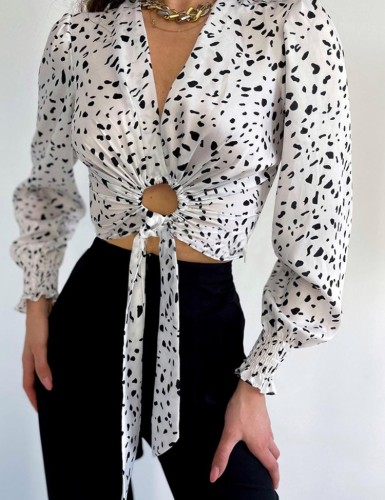 Leopard Print White V-Neck O-Ring Knotted Crop Shirt