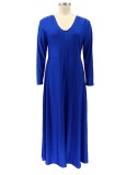 Plus Size Casual Blue V-Neck Long Sleeves Maxi Dress