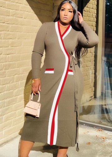 Khaki Long Sleeves Deep-V Wrapped Long Coat