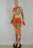 Orange Print Flare Sleeve Turndown Collar Bodycon Jumpsuit
