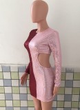 Red and Pink Contrast Sequin Cut Out Long Sleeve Mini Dress