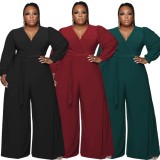 Plus Size Green V-Neck Wrap Wide Leg Jumpsuit with Matching Belt