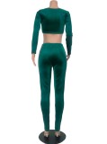 Green Velvet O-Ring Long Sleeves Crop Top and Pants 2PCS Set