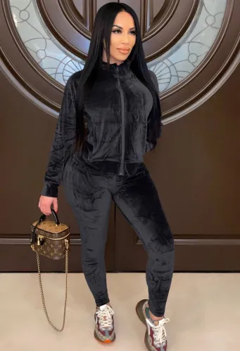 Black Velvet Zipper Open Top and Pants Two Piece Set