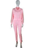 Pink Wide Striped Turndown Collar Zip Top and Pants 2PCS Set