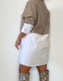 White and Khaki Contrast Button Open Long Sleeve Blouse Dress