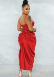 Red Silk Irregular Ruched Cami Long Dress