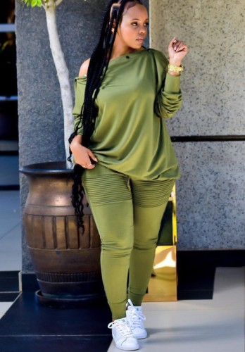 Green Oblique Shoulder Shirt and Ruched Sweatpants 2PCS Set