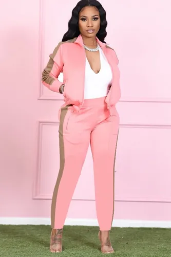 Pink Wide Striped Turndown Collar Zip Top and Pants 2PCS Set