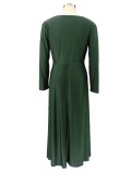 Plus Size Casual Green V-Neck Long Sleeves Maxi Dress