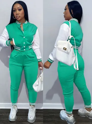 Contrast Color Short Baseball Jacket and Pants 2PCS Set
