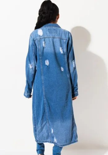 Blue Button Up Ripped Turndown Collar Long Denim Jacket