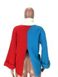Contrast Color Knit Turtleneck Drop Shoulder Slit Loose Crop Top