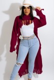 Burgunry High Low Tassels Long Sleeves Irregular Sweater Top