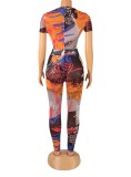 Orange Print High Cut Short Sleeve Bodysuit and High Waist Legging 2PCS Set