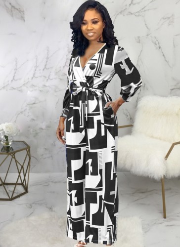 Black Print V-Neck Wrap Jumpsuit with Belt