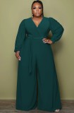 Plus Size Green V-Neck Wrap Wide Leg Jumpsuit with Matching Belt