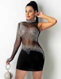 Black Beaded Mesh One Sleeve Turtleneck Slinky Mini Dress